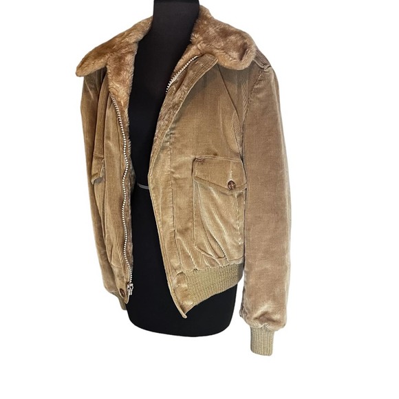 Vintage Other - Vtg 70s Tan Corduroy Furry Collar Lined Bomber Coat Jacket 42R
